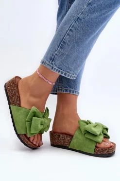 Damskie Klapki Na Korkowej Platformie Z Kokardą Zielone Tarena