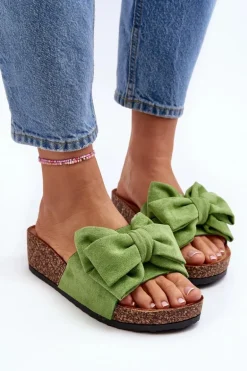 Damskie Klapki Na Korkowej Platformie Z Kokardą Zielone Tarena