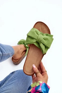 Damskie Klapki Na Korkowej Platformie Z Kokardą Zielone Tarena