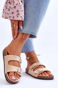 Damskie Klapki Na Korkowej Platformie Z Paskami Beżowe Doretta