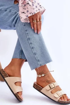 Damskie Klapki Na Korkowej Platformie Z Paskami Beżowe Doretta