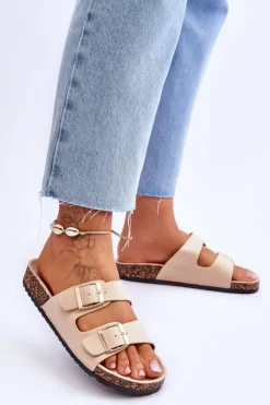 Damskie Klapki Na Korkowej Platformie Z Paskami Beżowe Doretta