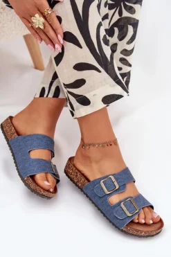 Damskie Klapki Na Korkowej Platformie Z Klamrami Ciemny Jeans Vesina