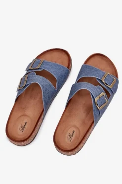 Damskie Klapki Na Korkowej Platformie Z Klamrami Ciemny Jeans Vesina