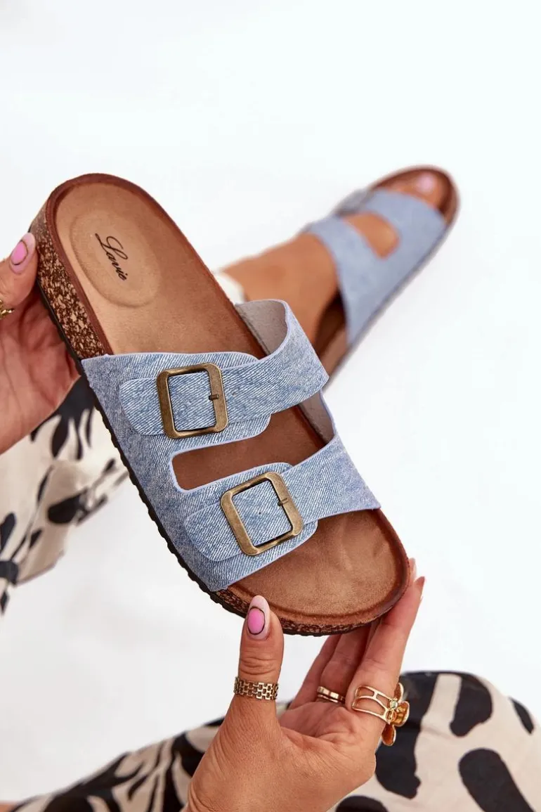 Damskie Klapki Na Korkowej Platformie Z Klamrami Jasny Jeans Vesina