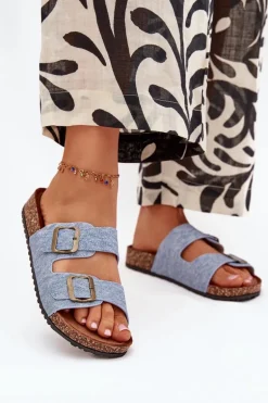 Damskie Klapki Na Korkowej Platformie Z Klamrami Jasny Jeans Vesina