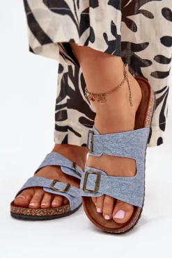 Damskie Klapki Na Korkowej Platformie Z Klamrami Jasny Jeans Vesina