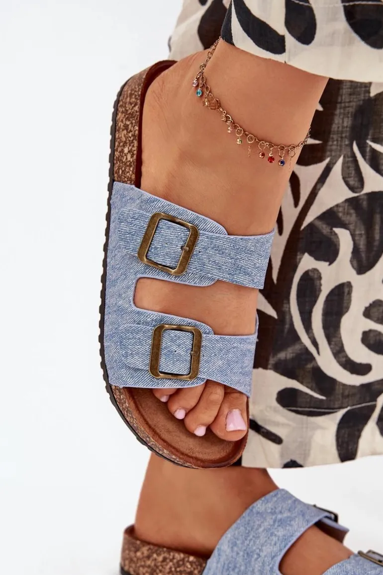 Damskie Klapki Na Korkowej Platformie Z Klamrami Jasny Jeans Vesina