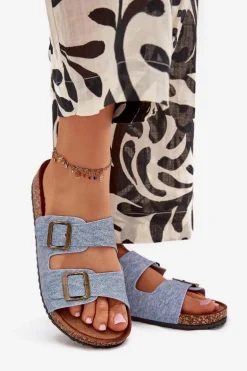 Damskie Klapki Na Korkowej Platformie Z Klamrami Jasny Jeans Vesina