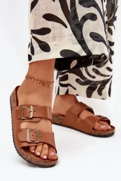 Damskie Klapki Na Korkowej Platformie Z Klamrami Camel Vesina