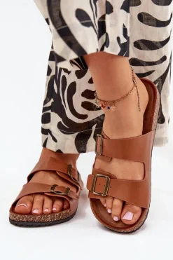 Damskie Klapki Na Korkowej Platformie Z Klamrami Camel Vesina