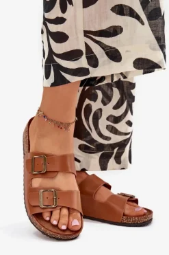 Damskie Klapki Na Korkowej Platformie Z Klamrami Camel Vesina