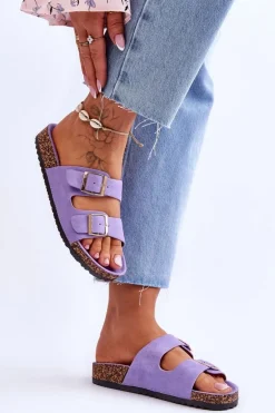 Damskie Klapki Na Korkowej Platformie Z Paskami Fioletowe Doretta