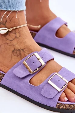 Damskie Klapki Na Korkowej Platformie Z Paskami Fioletowe Doretta