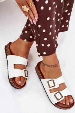 Damskie Klapki Na Korkowej Platformie Z Klamrami Białe Vesina