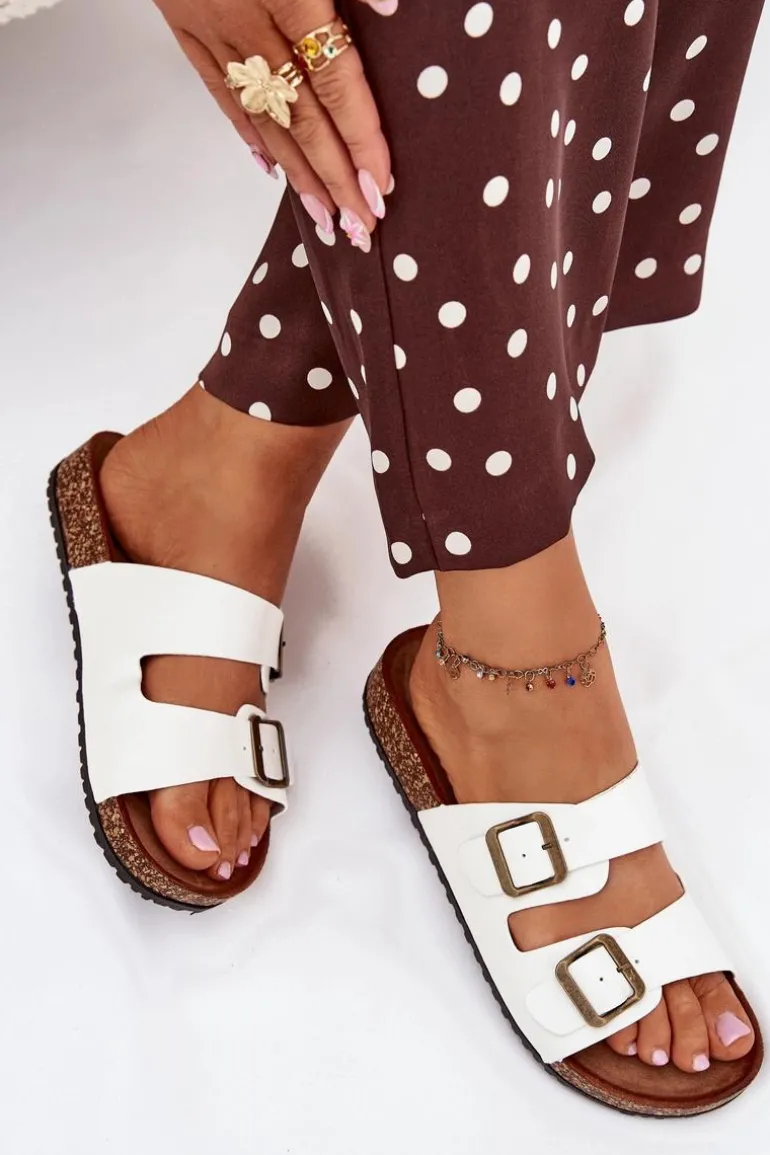 Damskie Klapki Na Korkowej Platformie Z Klamrami Białe Vesina