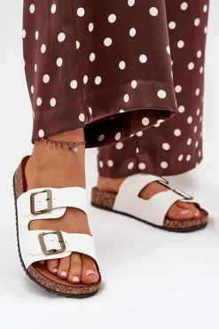 Damskie Klapki Na Korkowej Platformie Z Klamrami Białe Vesina