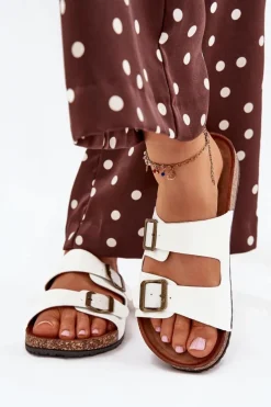 Damskie Klapki Na Korkowej Platformie Z Klamrami Białe Vesina