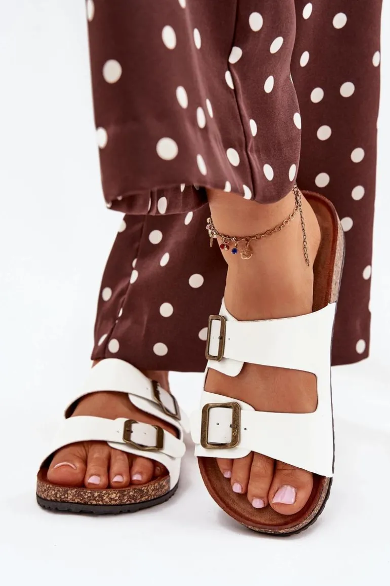 Damskie Klapki Na Korkowej Platformie Z Klamrami Białe Vesina