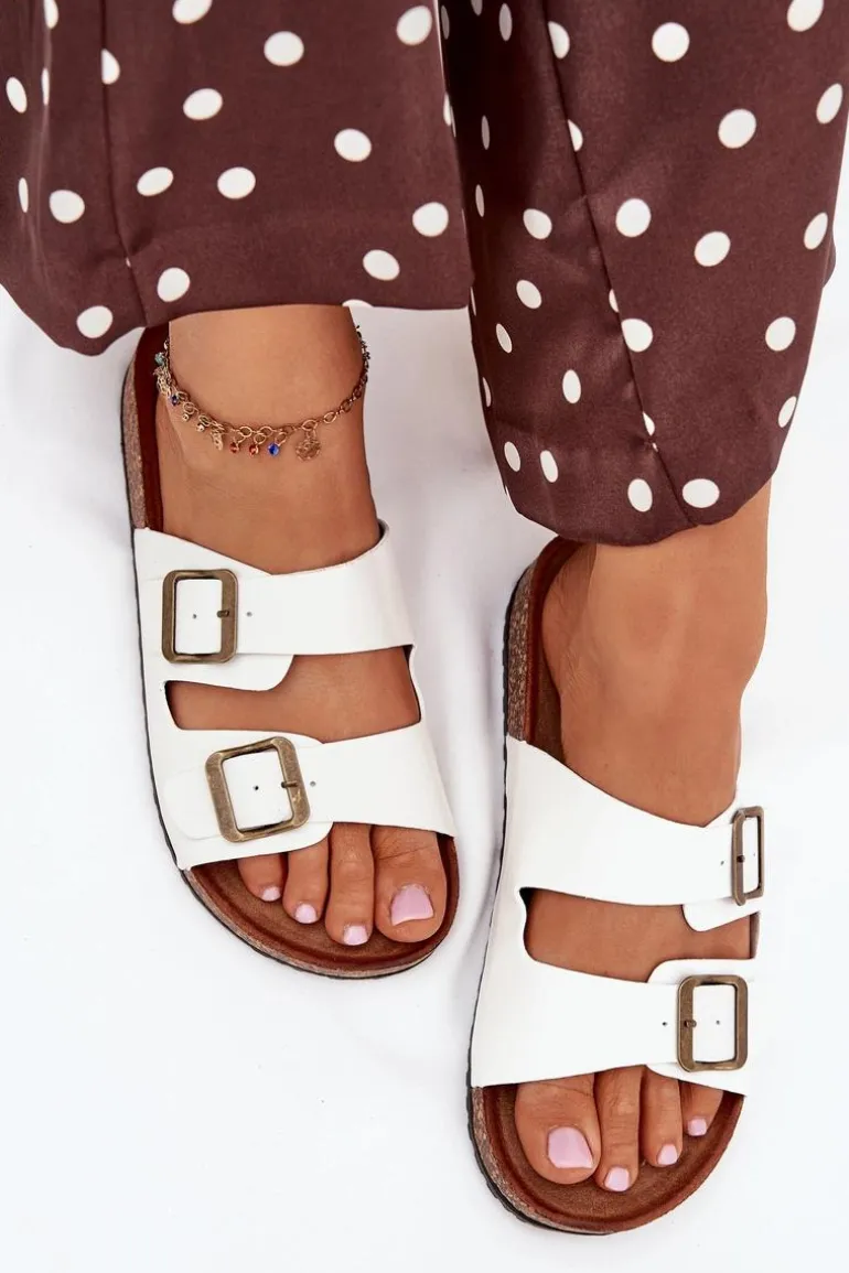 Damskie Klapki Na Korkowej Platformie Z Klamrami Białe Vesina