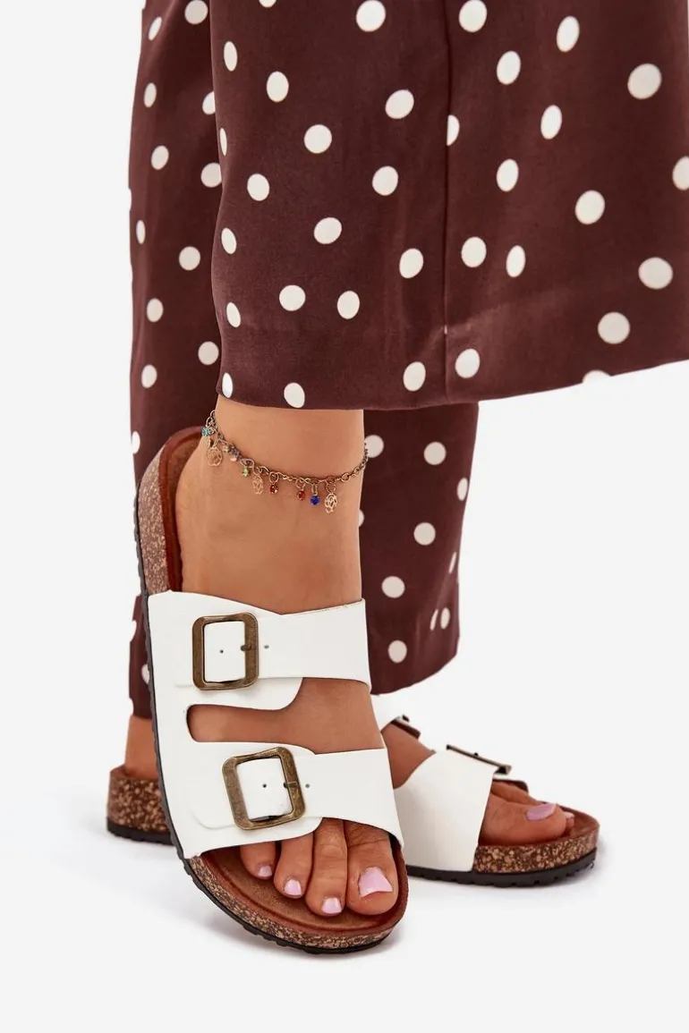 Damskie Klapki Na Korkowej Platformie Z Klamrami Białe Vesina