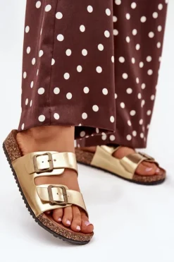 Damskie Klapki Na Korkowej Platformie Z Klamrami Złote Vesina