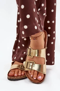 Damskie Klapki Na Korkowej Platformie Z Klamrami Złote Vesina