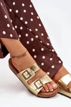 Damskie Klapki Na Korkowej Platformie Z Klamrami Złote Vesina