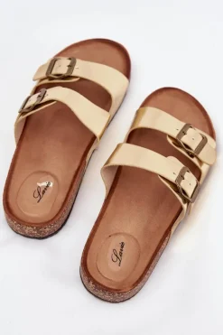 Damskie Klapki Na Korkowej Platformie Z Klamrami Złote Vesina