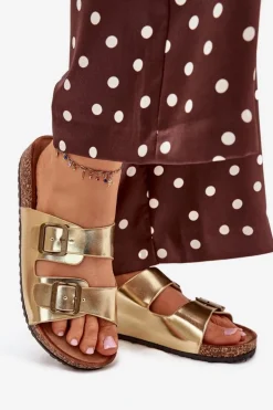 Damskie Klapki Na Korkowej Platformie Z Klamrami Złote Vesina