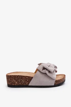 Damskie Klapki Na Korkowej Platformie Z Kokardą Szare Tarena
