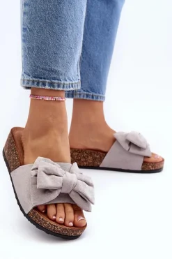 Damskie Klapki Na Korkowej Platformie Z Kokardą Szare Tarena