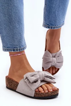 Damskie Klapki Na Korkowej Platformie Z Kokardą Szare Tarena