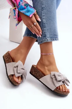 Damskie Klapki Na Korkowej Platformie Z Kokardą Szare Tarena