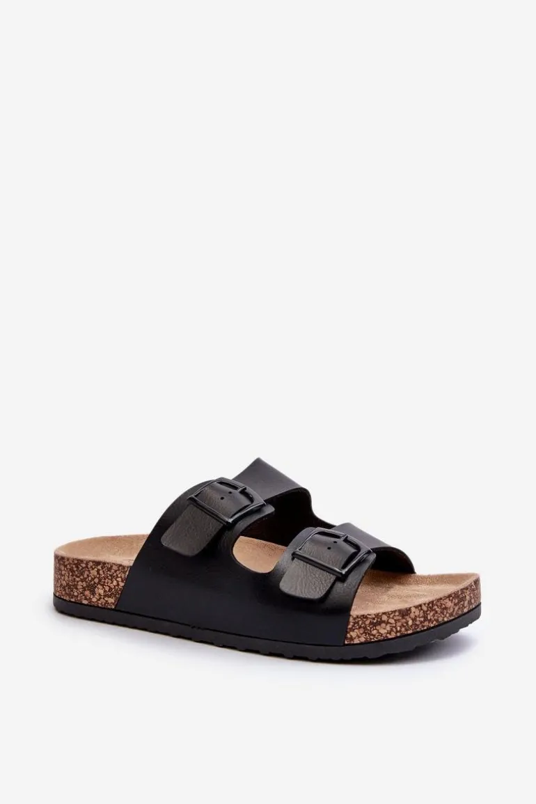 Damskie Klapki Na Korkowej Platformie Z Klamrami Czarne Klinesta