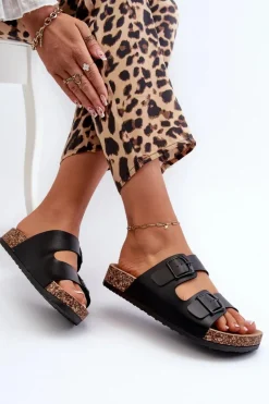 Damskie Klapki Na Korkowej Platformie Z Klamrami Czarne Klinesta