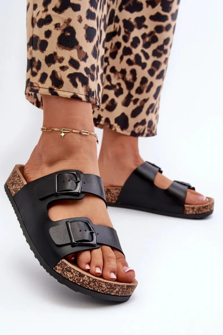 Damskie Klapki Na Korkowej Platformie Z Klamrami Czarne Klinesta