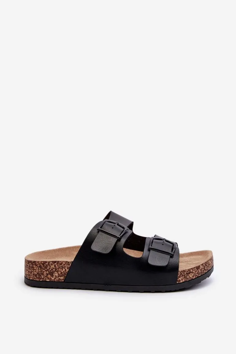 Damskie Klapki Na Korkowej Platformie Z Klamrami Czarne Klinesta