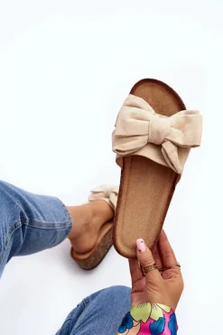 Damskie Klapki Na Korkowej Platformie Z Kokardą Beżowe Tarena