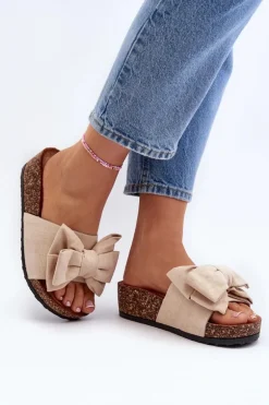 Damskie Klapki Na Korkowej Platformie Z Kokardą Beżowe Tarena