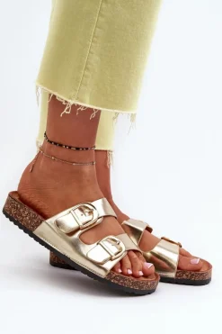 Damskie Klapki Na Korkowej Platformie Z Paskami Złote Doretta