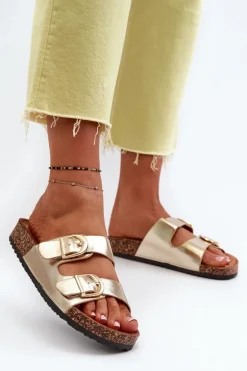 Damskie Klapki Na Korkowej Platformie Z Paskami Złote Doretta