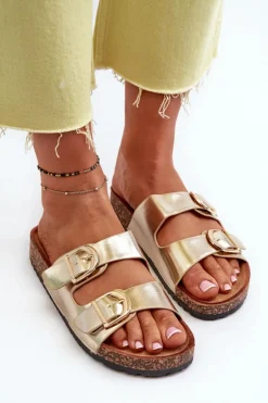 Damskie Klapki Na Korkowej Platformie Z Paskami Złote Doretta