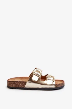 Damskie Klapki Na Korkowej Platformie Z Paskami Złote Doretta