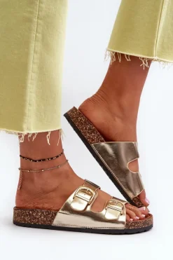 Damskie Klapki Na Korkowej Platformie Z Paskami Złote Doretta