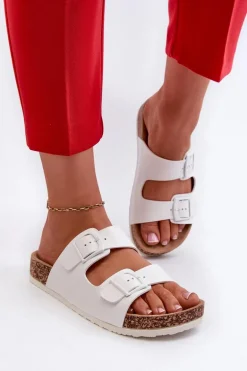 Damskie Klapki Na Korkowej Platformie Z Klamrami Białe Klinesta