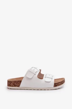 Damskie Klapki Na Korkowej Platformie Z Klamrami Białe Klinesta