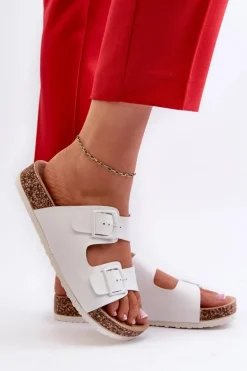 Damskie Klapki Na Korkowej Platformie Z Klamrami Białe Klinesta