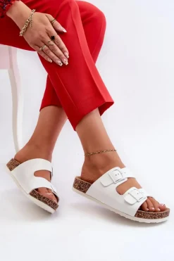 Damskie Klapki Na Korkowej Platformie Z Klamrami Białe Klinesta