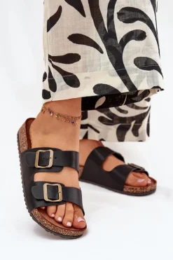 Damskie Klapki Na Korkowej Platformie Z Klamrami Czarne Vesina